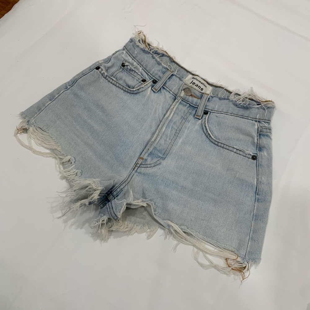 Reformation Blue Jean Shorts High-Waisted Frayed